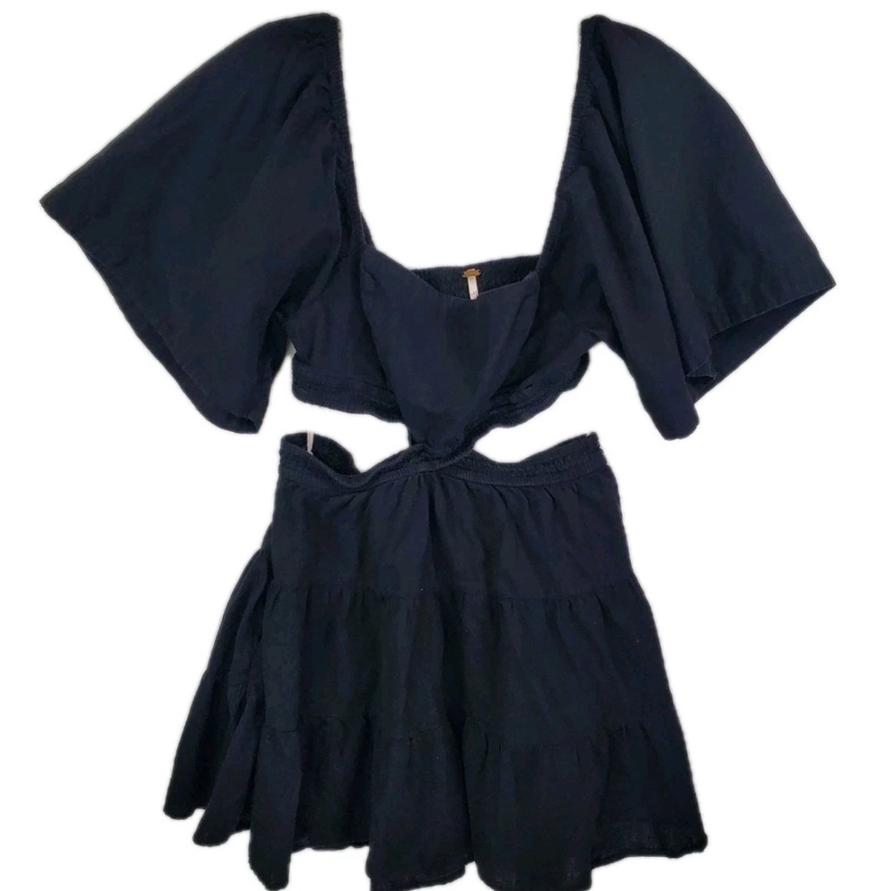 NWT Free People Cross‎ Of Sunlight Mini Dress Cutout Waist  Black linen blnd - Picture 6 of 14